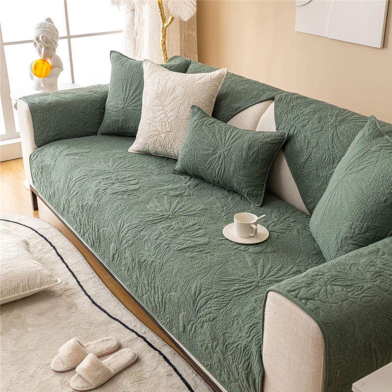 四季通用棉布绗缝绣花树叶沙发垫子 纯色现代防滑沙发坐垫巾套罩