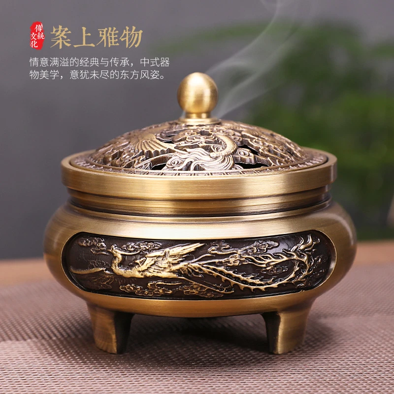 【君临阁】禅意龙凤香薰炉全铜复古家用三足高端创意摆件浮雕工艺