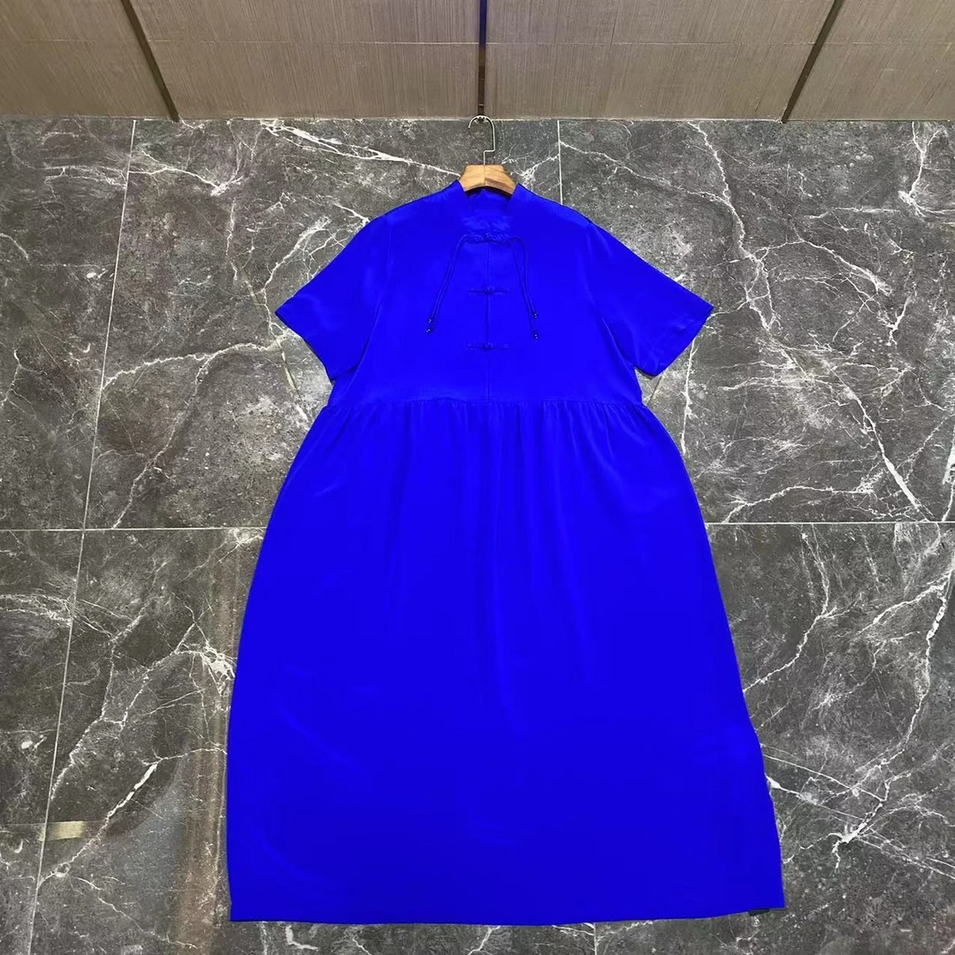 【花滿林】小立领流苏盘扣蓝色净色连衣裙 5132