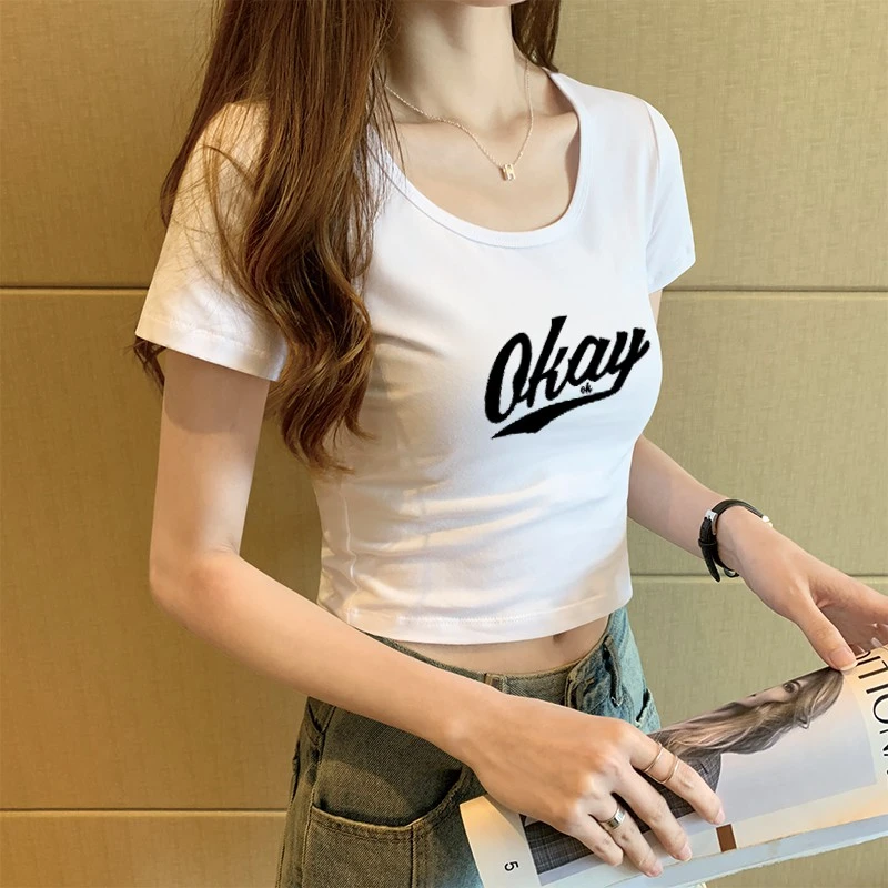 网红新款白色短袖t恤女夏短款露脐上衣高腰搭配修身百搭印花体恤