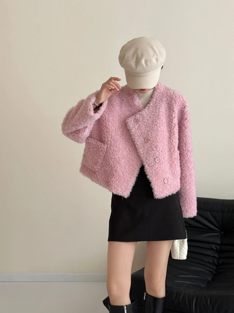 圆领蓬松慵懒风羊毛一体外套24年新款百搭纯羊毛8802