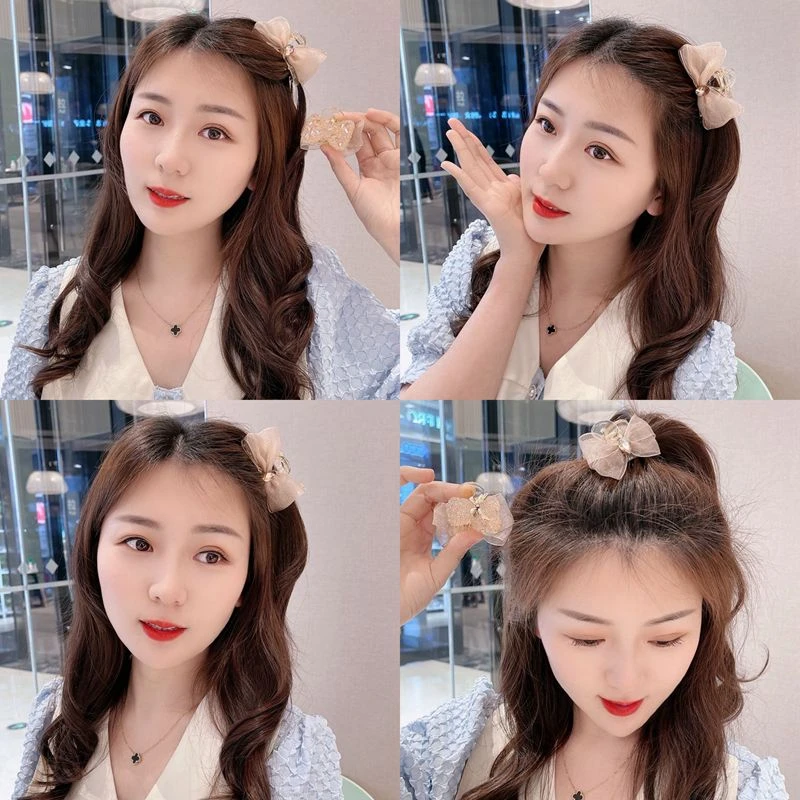 无金属亚克力发饰 轻奢风双面蝴蝶结闪闪网纱抓夹少女发夹