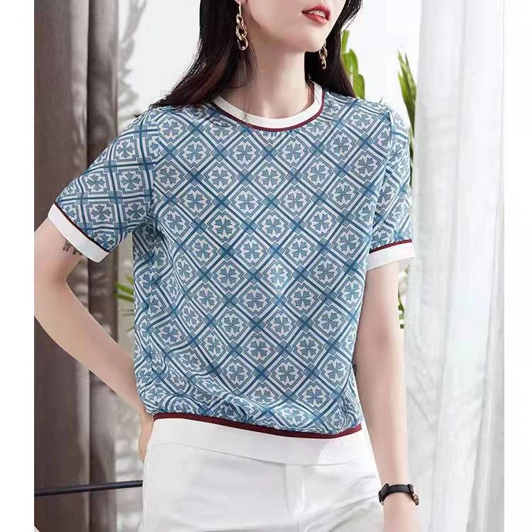 新款拼接百搭提花薄款时尚针织衫圆领洋气针织衫提花气质外搭上衣