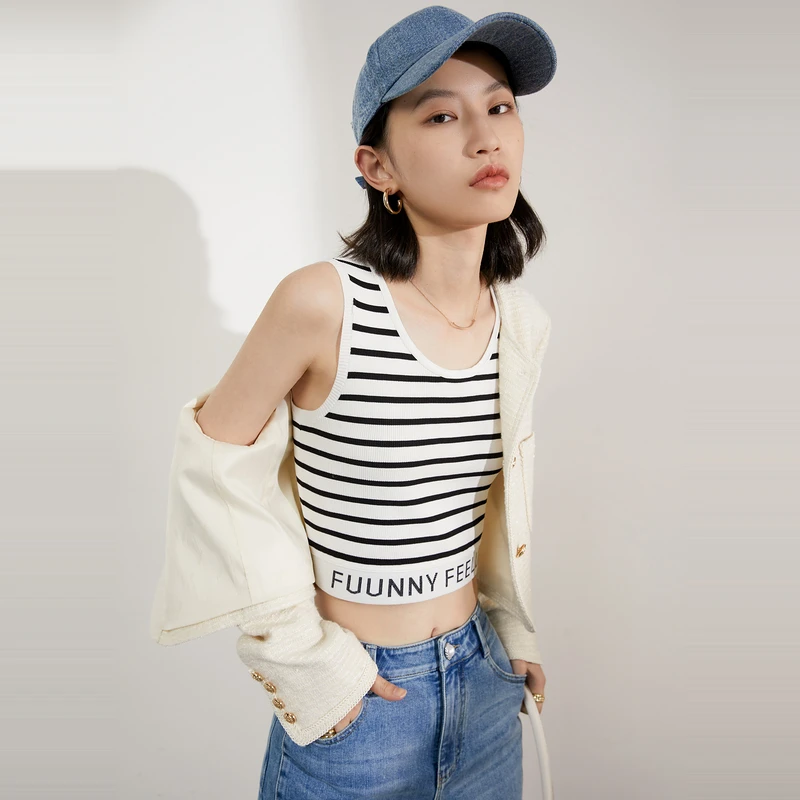【达人专属】FF仿佛休闲条纹短款运动修身背心外穿撞色拼接FZ00464