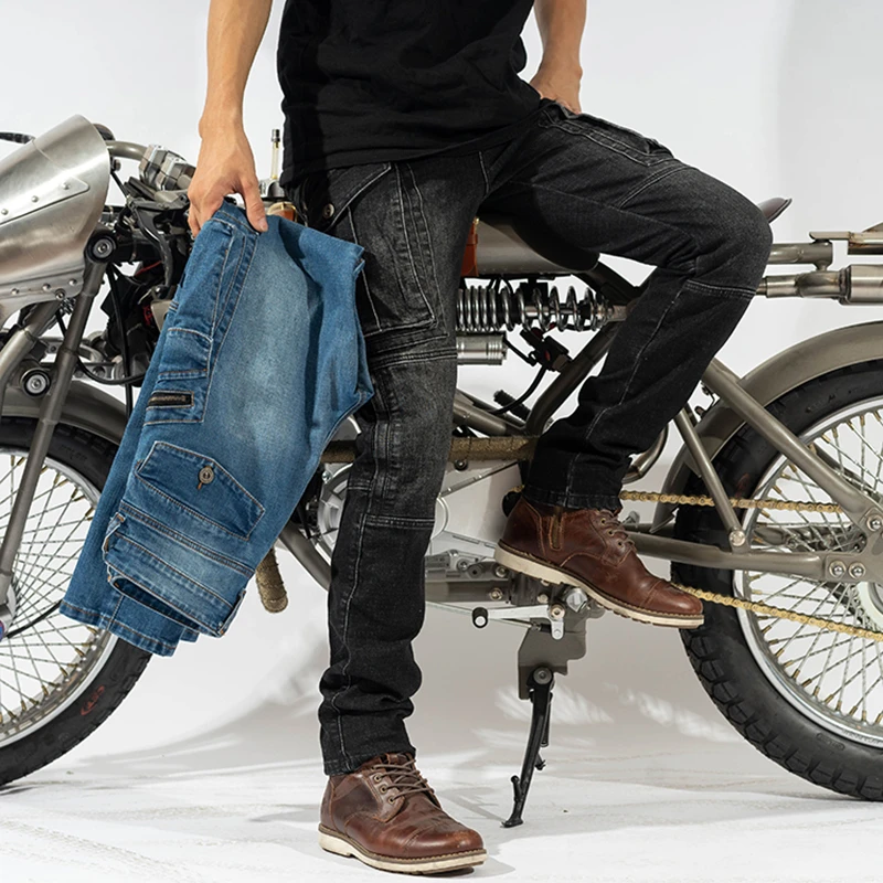 摩托车骑行裤夏季四季防摔大口袋牛仔裤男士机车赛车护具高弹大码