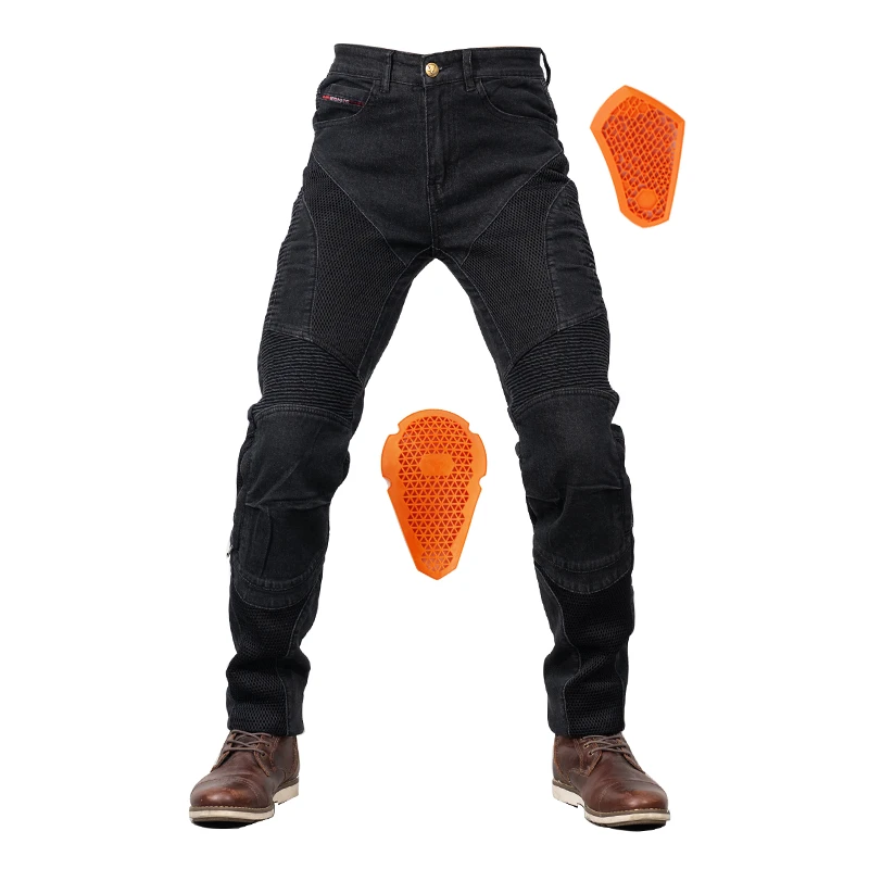 摩托车透气网眼骑行裤四季机车越野防摔牛仔裤黑男士休闲大码护具