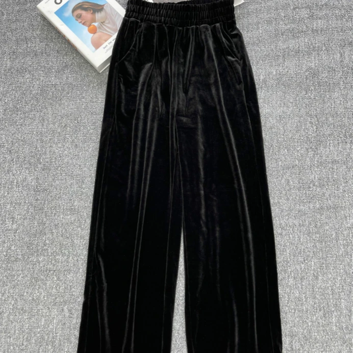 西班牙单 纯色松紧腰金丝绒休闲裤直筒裤