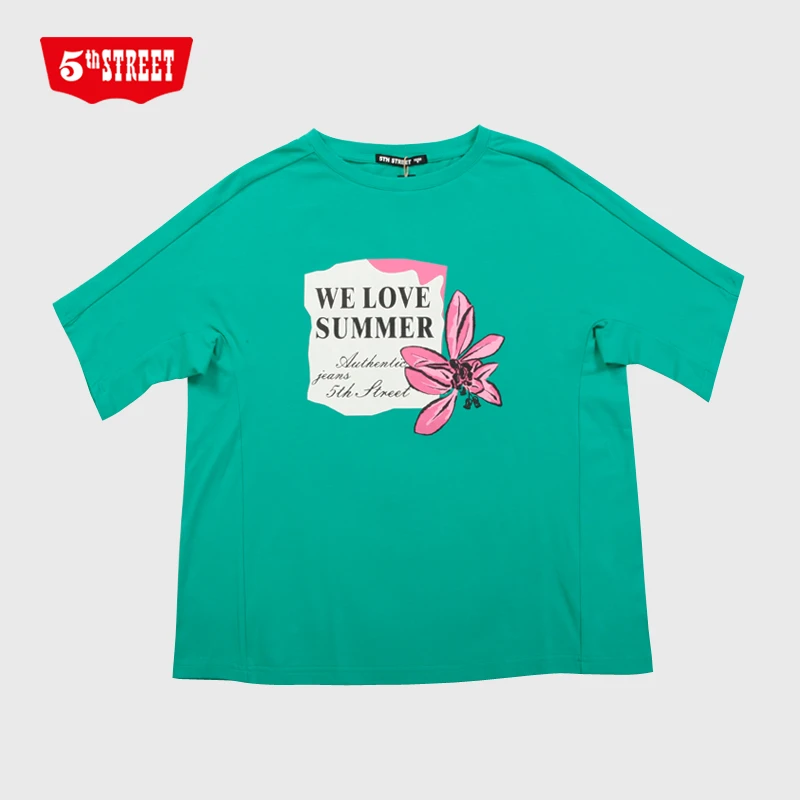 第五街夏季新款韩版宽松短袖T恤女装印花圆领上衣670516-222B0