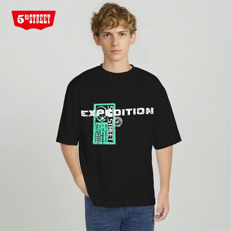 第五街夏季新款时尚创意印花上衣男青年宽松短袖T恤470509-222B0