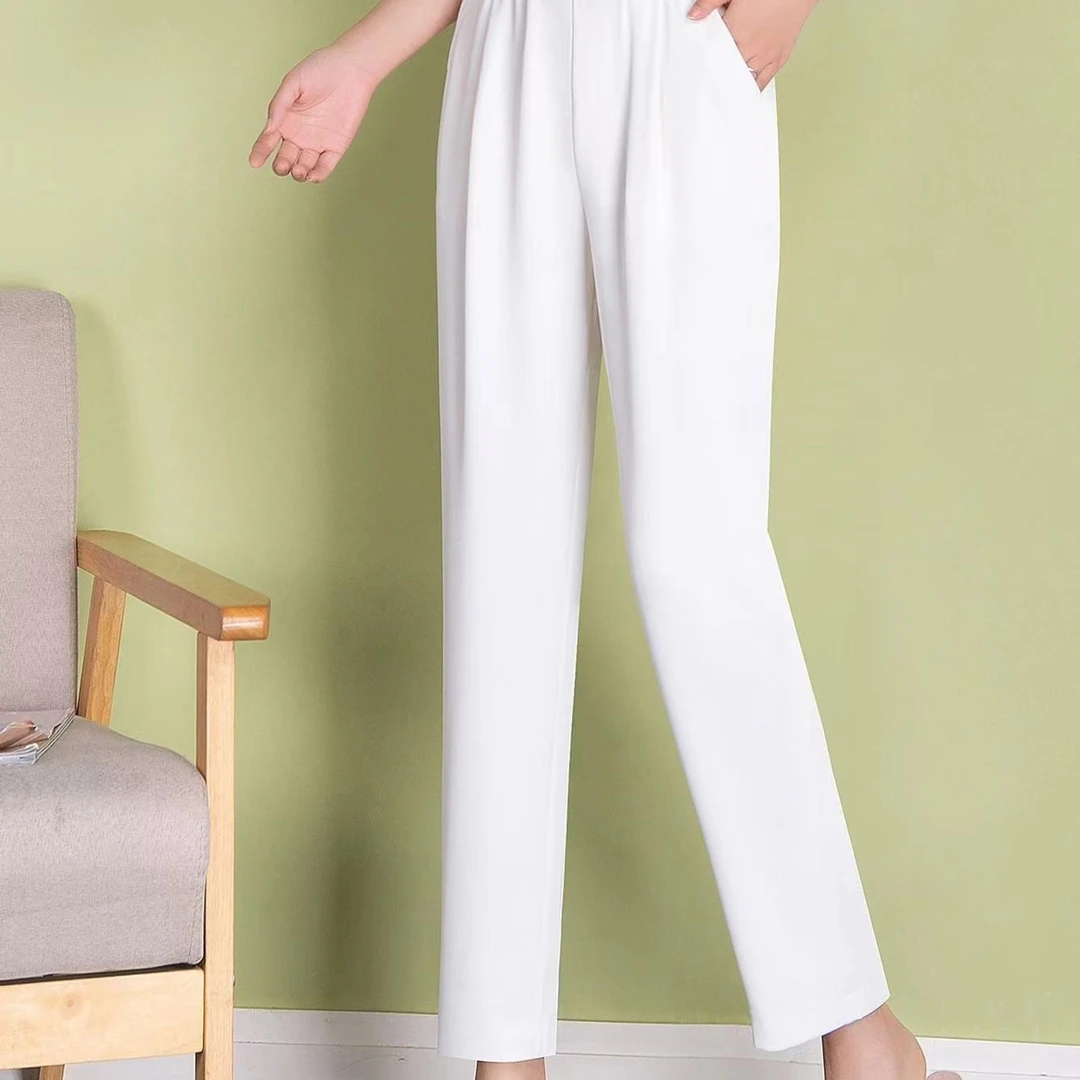 雅丝夏季冰凉丝白色高腰休闲百搭宽松薄款松紧腰哈伦直筒裤-2256