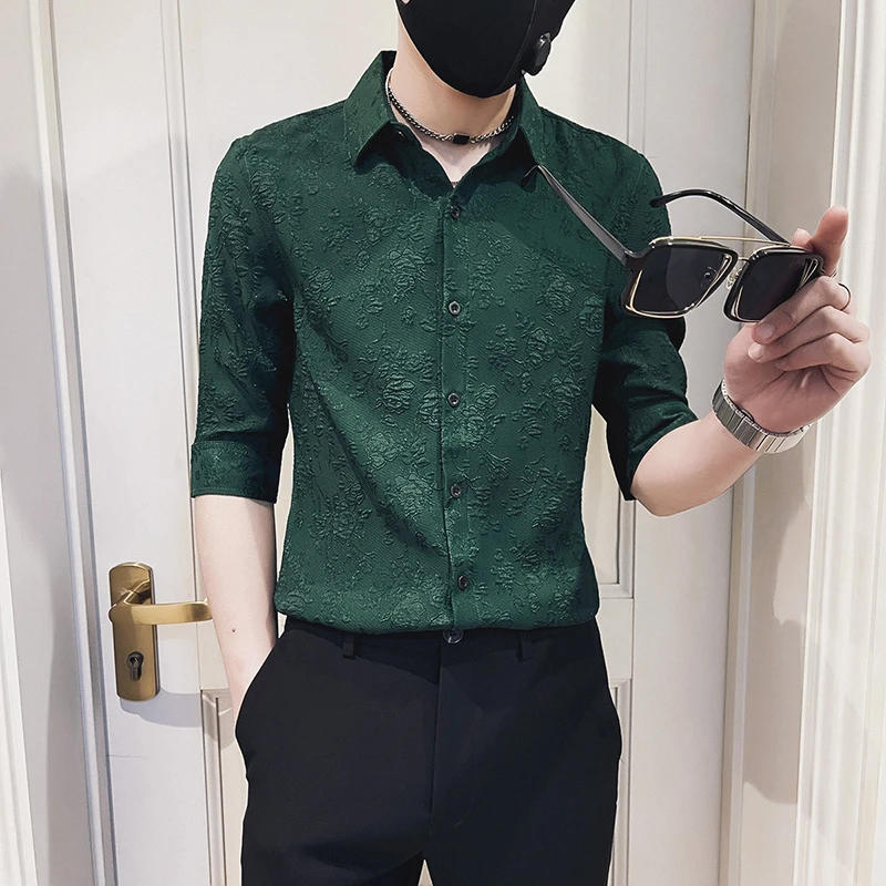 花衬衫男短袖夏季2025新款设计感潮流痞帅薄款七分袖衬衣韩版修身