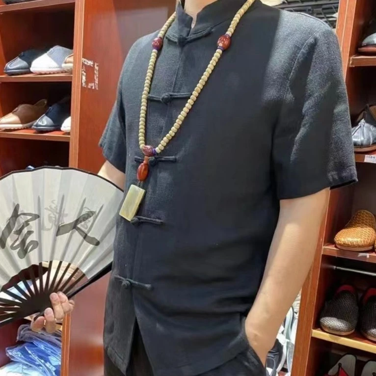 蒙鲤国风男士895款夏季棉麻半袖上衣中国风新中式复古斜襟立领