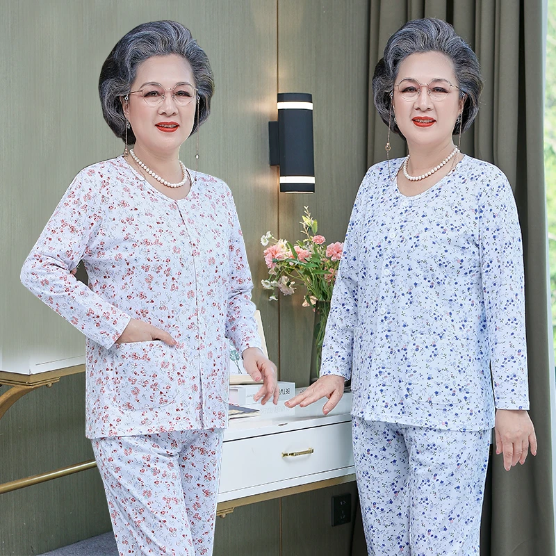 中老年人家居服长袖女纯棉套装夏季薄款圆领妈妈宽松开衫老人睡裤