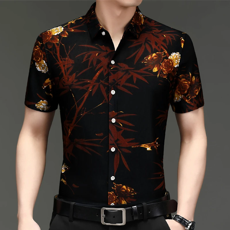 男士短袖花衬衫男中年爸爸装港风半袖碎花衬衣冰丝舒适透气高档