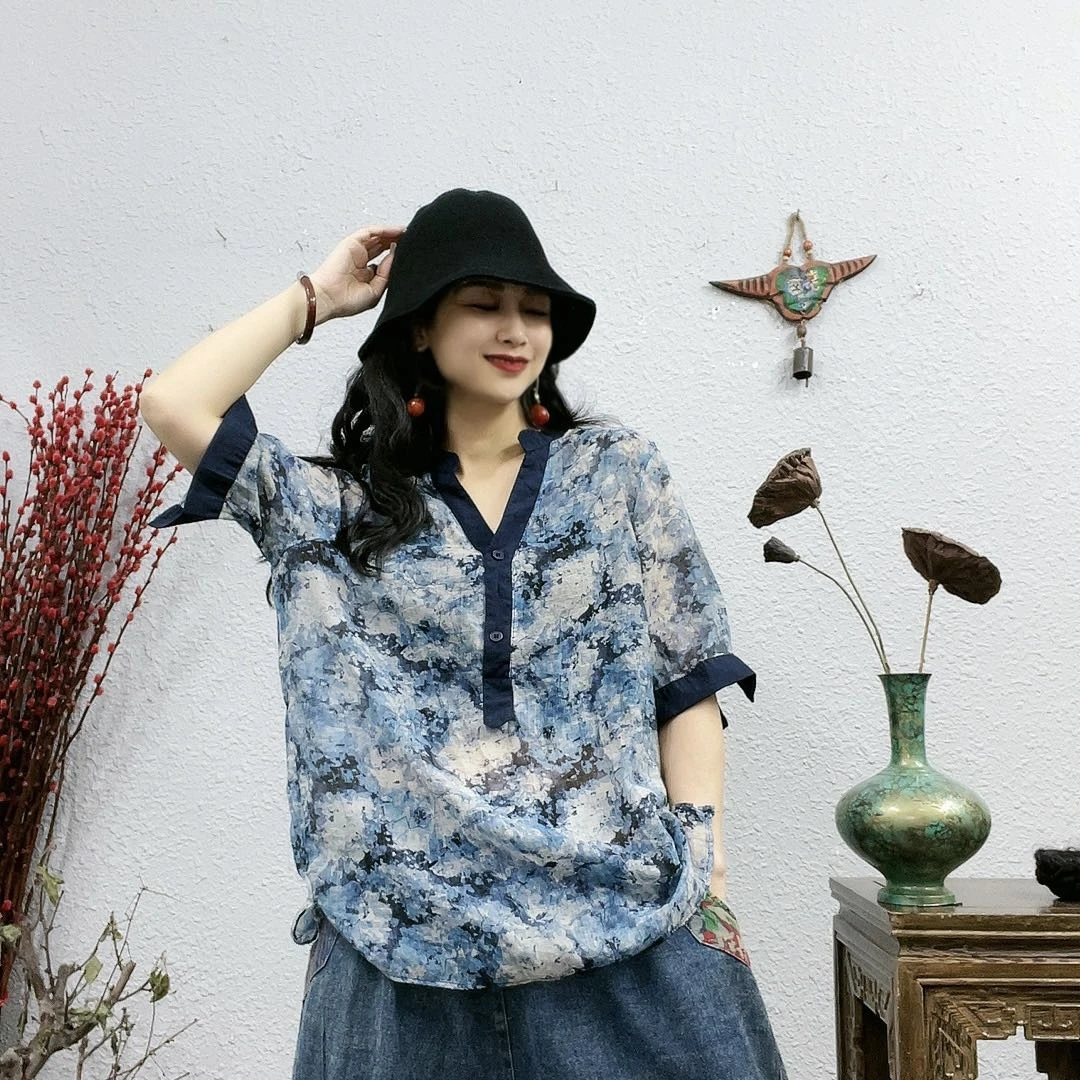 21253花色v领上衣（长62后66胸围120