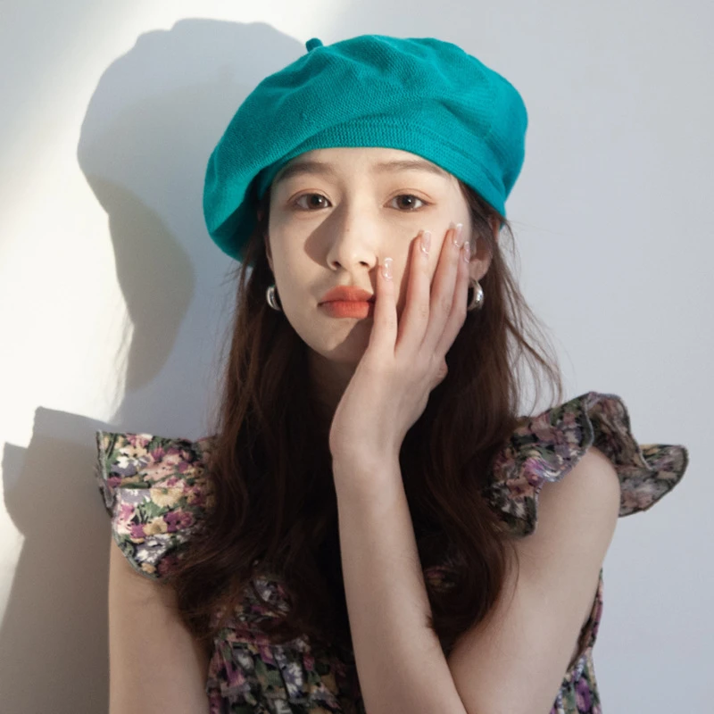 ins糖果色春夏贝雷帽日系薄款针织画家帽网红韩版潮女百搭帽子