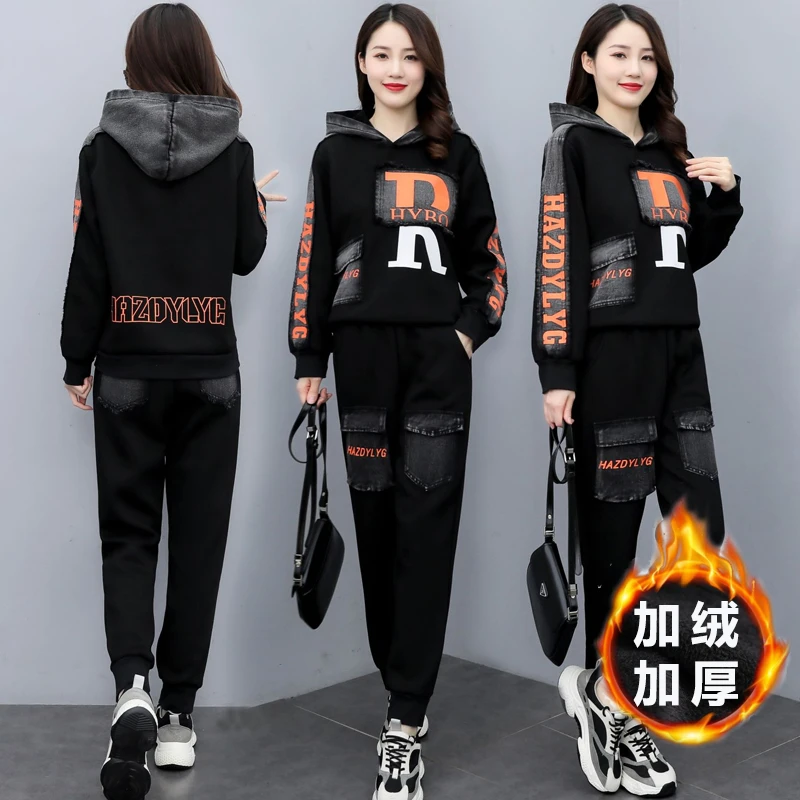 加绒加厚个性重工印花牛仔拼接连帽卫衣两件套女冬季宽松显瘦套装