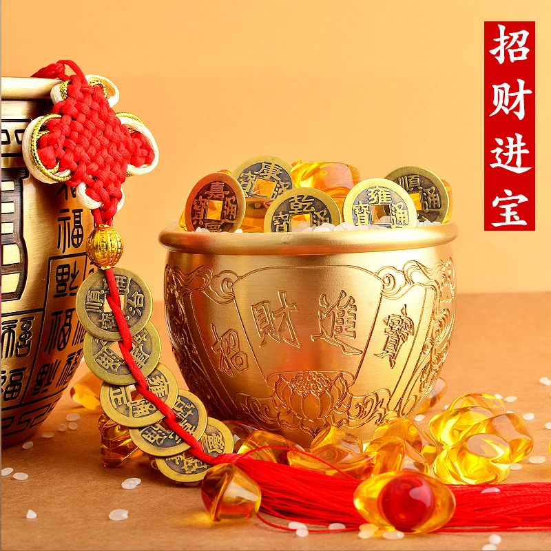 （老师推荐）黄铜福缸招财进宝铜米缸笔筒聚宝盆家居摆件精雕吉祥