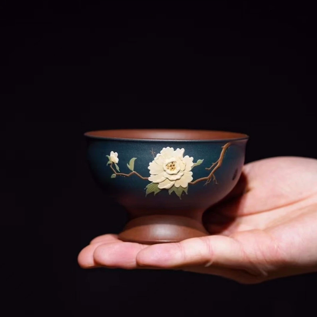 紫砂杯茶具主人杯刻绘珐琅彩对杯大号品茶杯纯手工双色手绘品茗杯