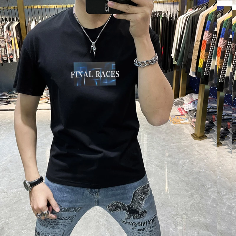 夏季新款男士短袖t恤潮流百搭中青年时尚印花修身圆领体恤衫上衣