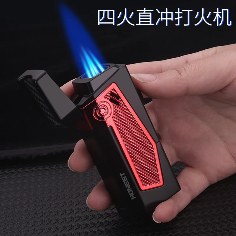 蓝焰四头直冲防风金属复古打火机高档充气个性潮流商可视合金火焰