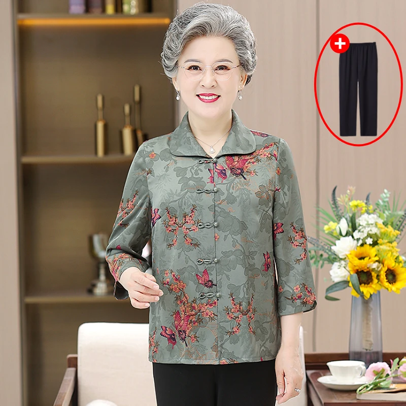 奶奶装夏装妈妈装夏季7分袖衬衫中老年休闲薄款宽松老人大码开衫