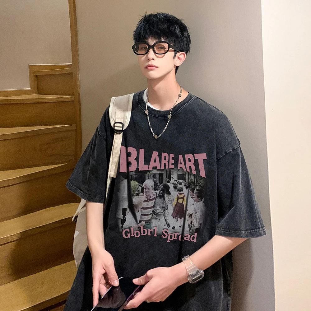 水洗做旧重磅纯棉短袖男t恤夏季潮牌上衣美式复古高级感宽松半袖