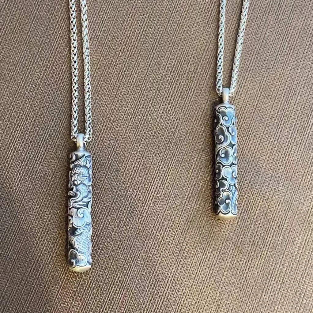 吊坠足银 手工款 《祥云龙柱吊坠》足银999吊坠 纯手工錾刻复古做旧