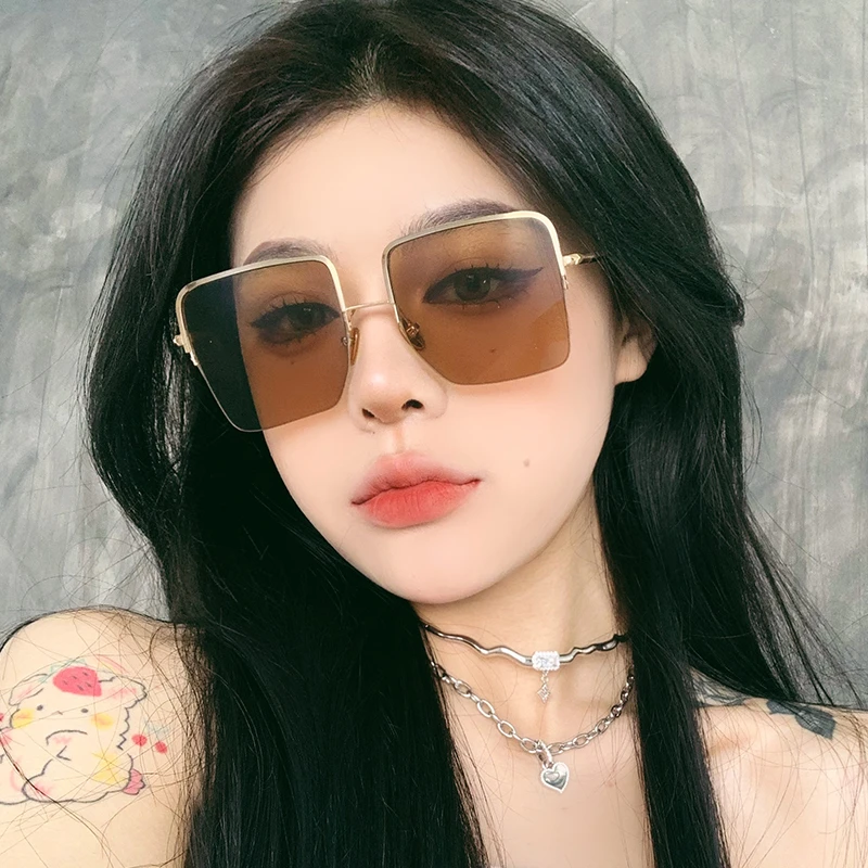 韩版ins网红下半框眼镜黑框茶色墨镜女潮街拍大框方形大脸太阳镜