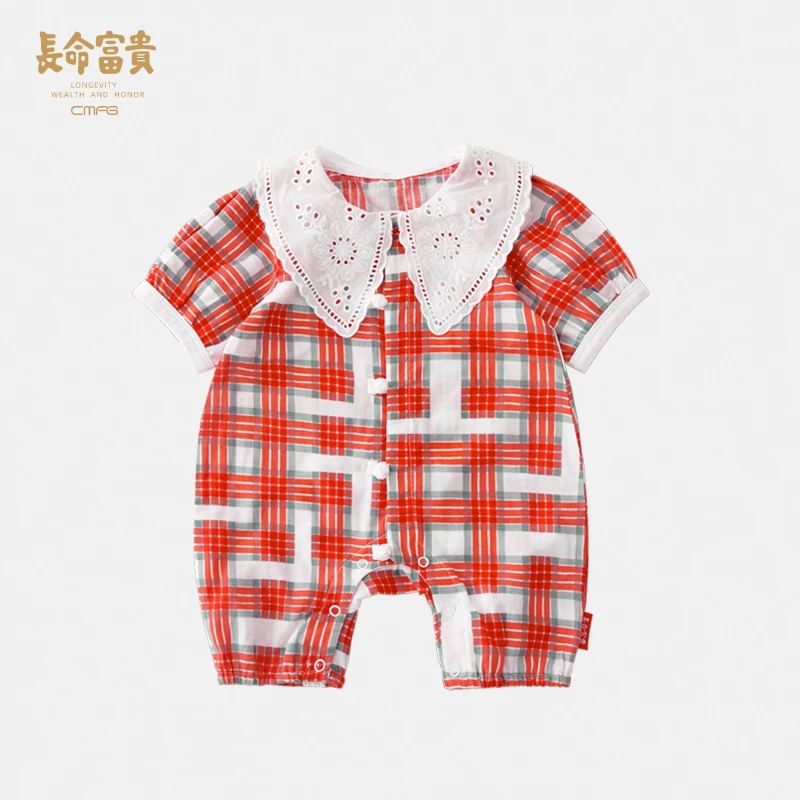 长命富贵婴儿连体衣夏季薄款百天周岁礼服纱布女宝宝衣服中国风