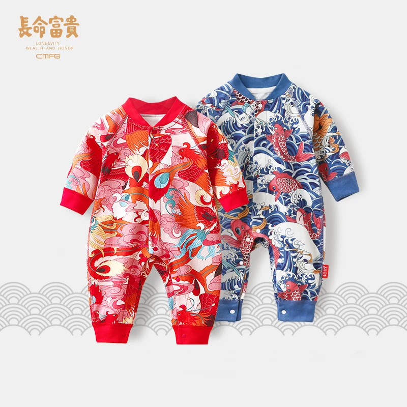 新生婴儿衣服连体衣春秋季哈衣爬服国风男女宝宝满月百天周岁装