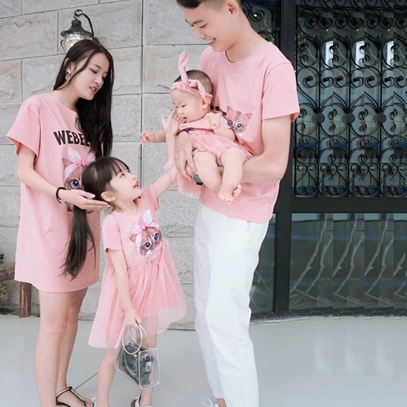 婴儿亲子装一家三口夏装时尚大码母子母女装全家福t恤连衣裙四口