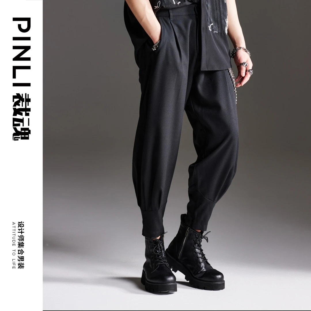 PINLI品立裁魂2022夏季新款潮牌束脚裤捏褶休闲九分裤BC221117100