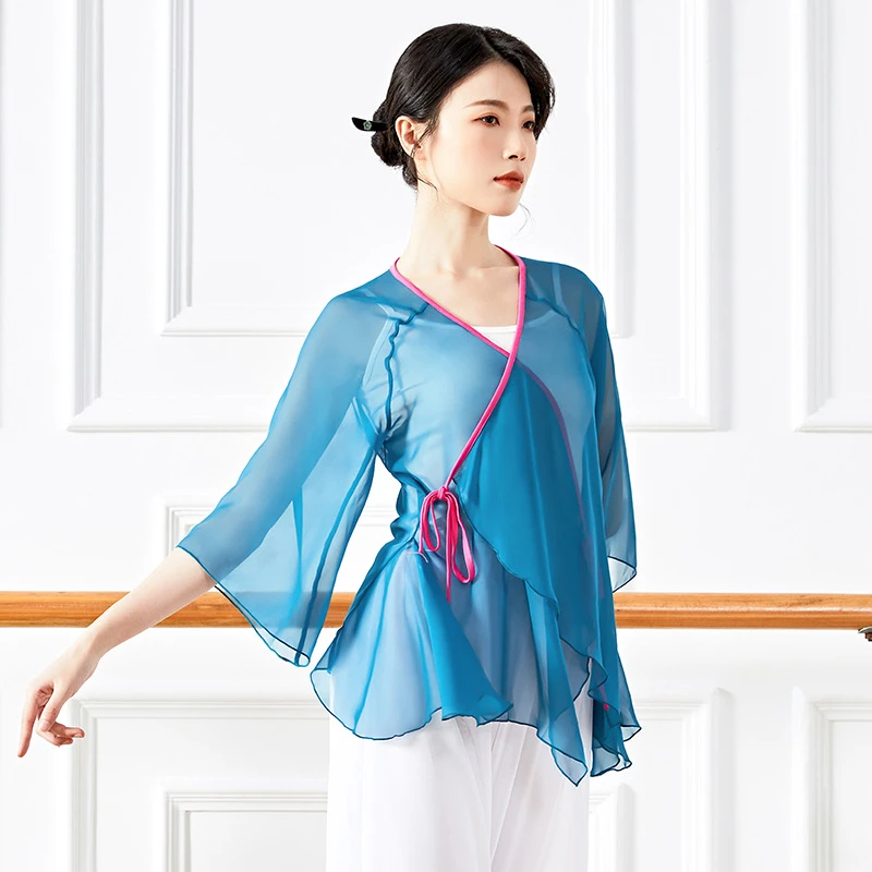 成人形体舞蹈练功服女飘逸身韵广场舞纱衣现代民族古典舞上衣大码