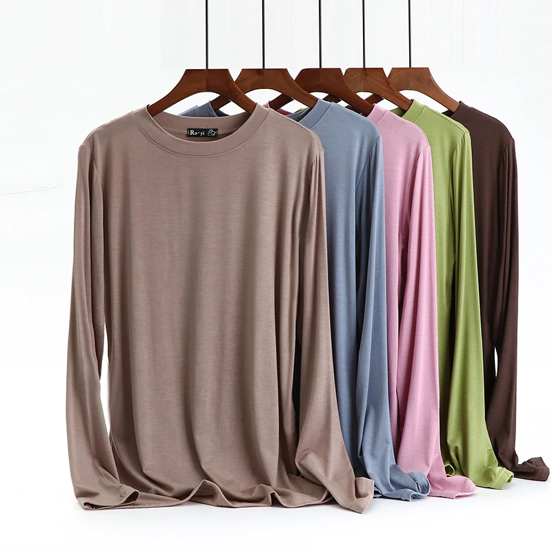 2023秋季新款莫代尔长袖t恤女修身内搭秋衣圆领打底衫洋气上衣