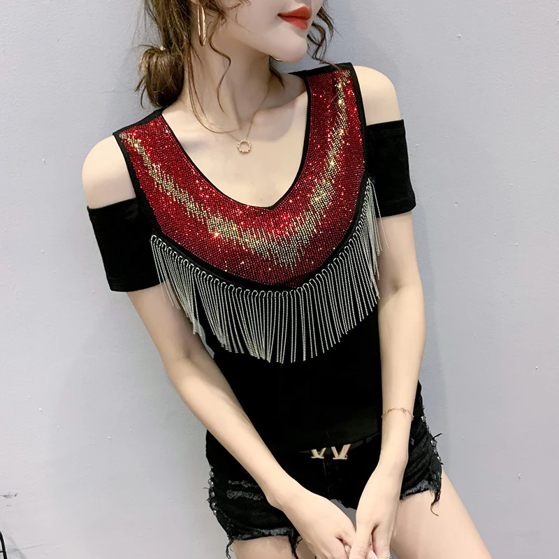 网红时尚摩登舞衣新款女士流苏国标交谊舞练功服短袖拉丁舞上衣潮