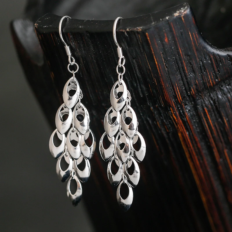 足银耳饰 99纯银耳环女长短款凤尾叶子耳坠波西米亚菱形流苏耳饰