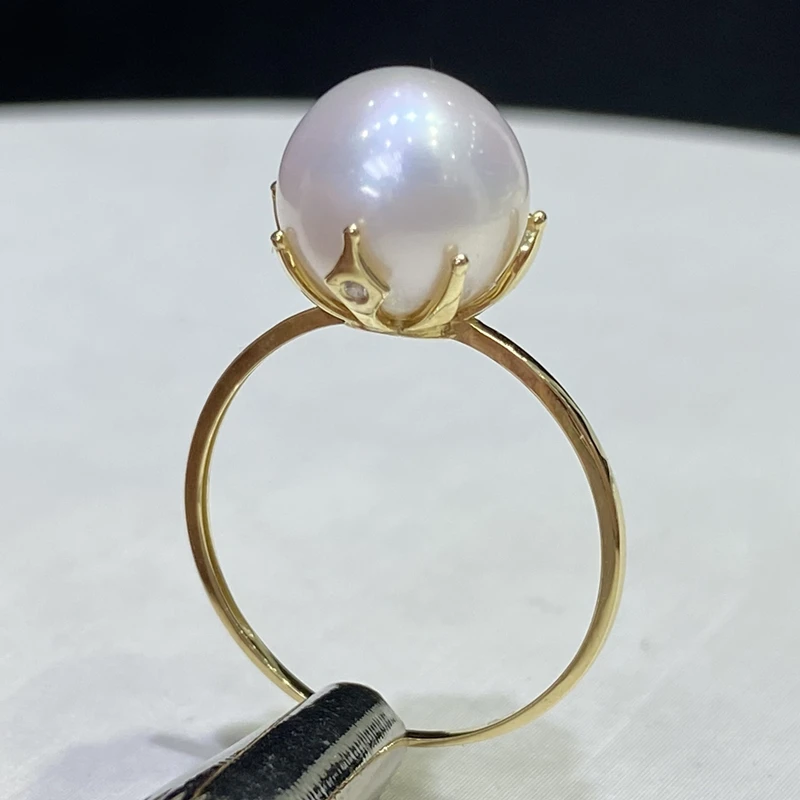 Tasidy淡水珍珠戒指 天然白色强光圆形简约18K黄金镶嵌女款指环
