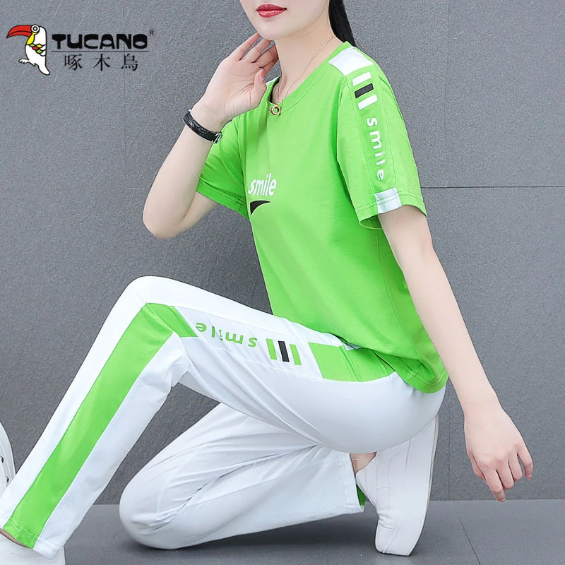 【啄木鳥官方品牌】纯棉运动休闲服套装女夏季2022新款薄款两件套