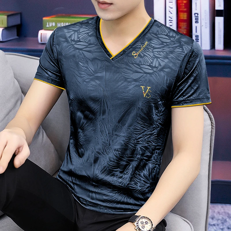 2023夏季新款男士t恤修身短袖冰丝半袖上衣服V领男装健身速干衣服