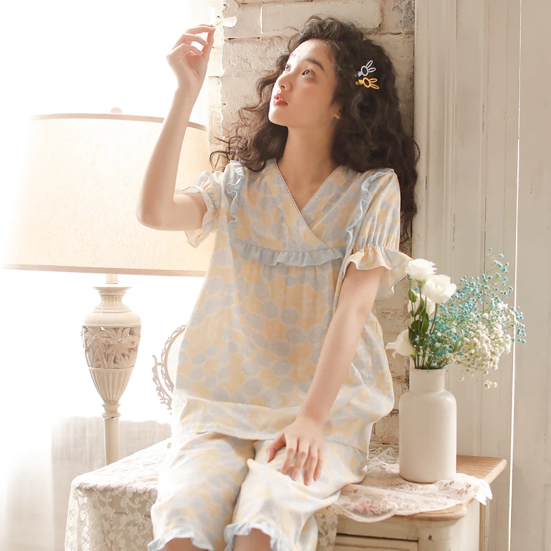 【森林仲夏梦】夏季纯棉印花日系透气短袖中裤女士睡衣套装家居服