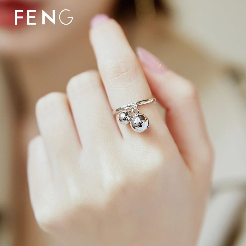 烽之银 925银戒指 幸运银珠女韩国夸张食指转运珠纯银开口戒刻字