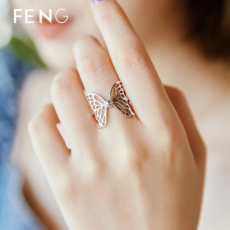 925银戒指 蝴蝶女纯银欧美立体超仙网红时尚ins潮宽面开口戒刻字