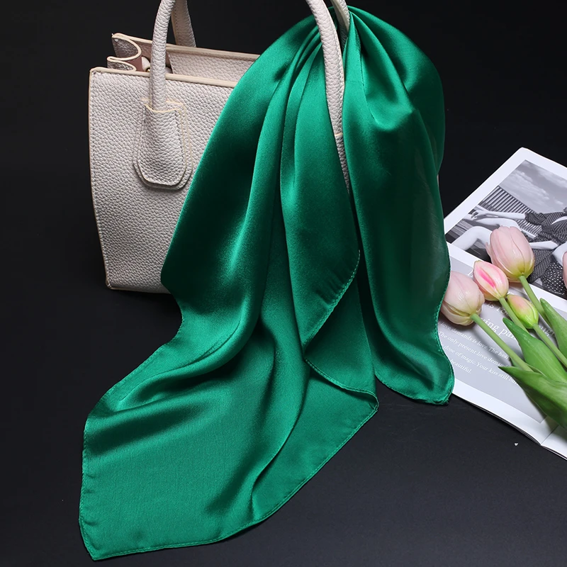 杭州缎面方巾女春夏秋冬季薄款丝巾新款高档单色百搭围巾披肩绿色