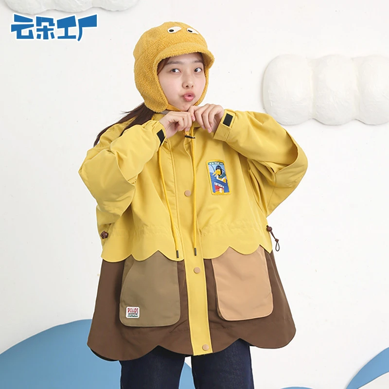 云朵工厂恐龙飞行员蝙蝠袖拼色连帽风衣女短款秋季原创宽松外套新
