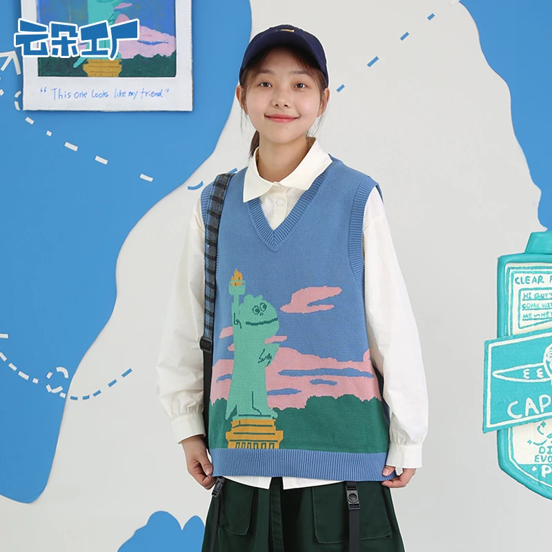 【样品】云朵工厂飞行员风景针织背心秋装新款日系学院风套头马甲