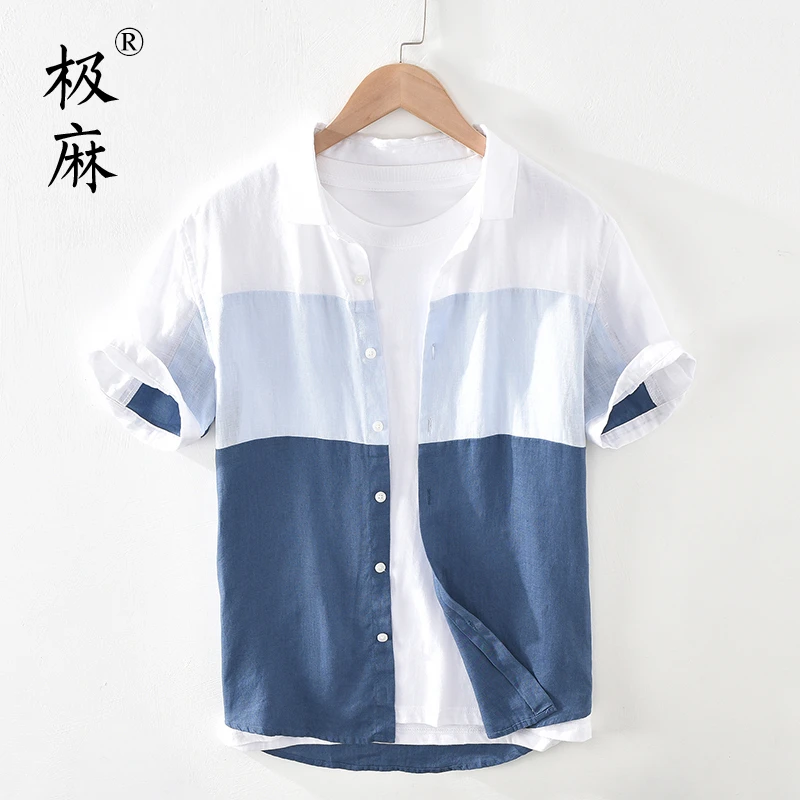 1728清新拼接休闲短袖亚麻衬衫男士夏季青年大码宽松棉麻衬衣