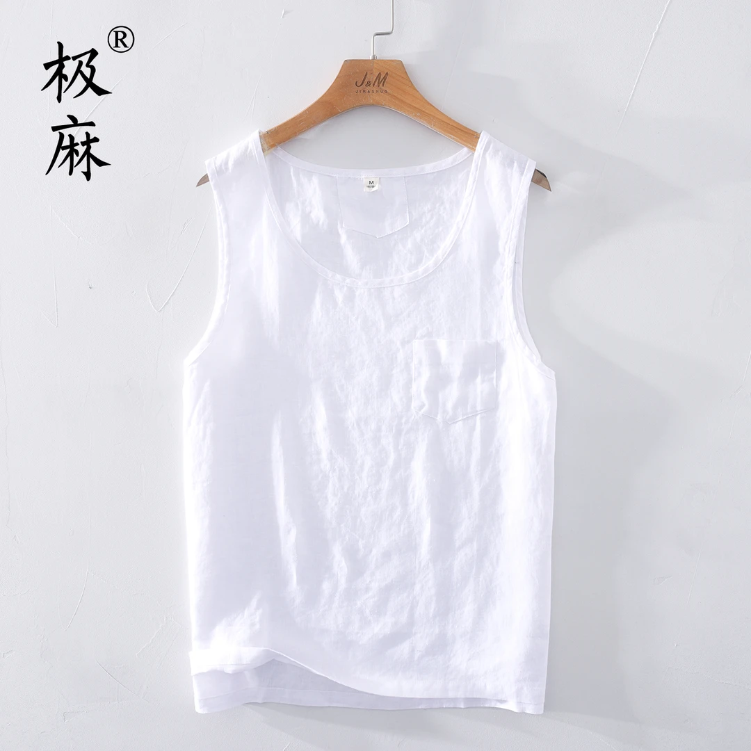 1014夏季无袖坎肩休闲亚麻马甲男士简约宽松薄款圆领棉麻背心汗衫
