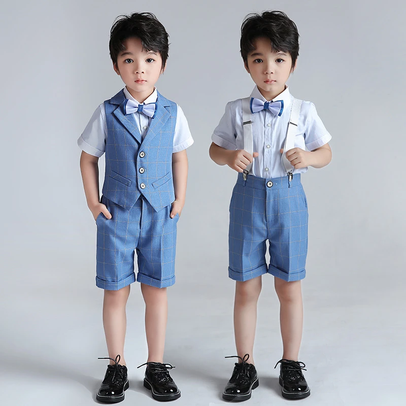 夏季新款儿童礼服男童马甲套装短袖小主持三件套演出服套装男孩