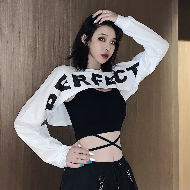酷酷女孩爵士舞蹈嘻哈字母罩衫搭配绑带短款背心拽姐辣妹两件套秋